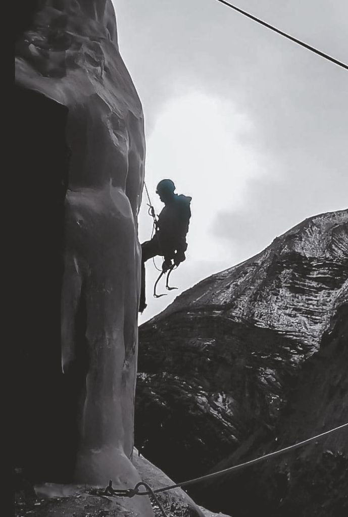Descending the frozen waterfall in Spiti