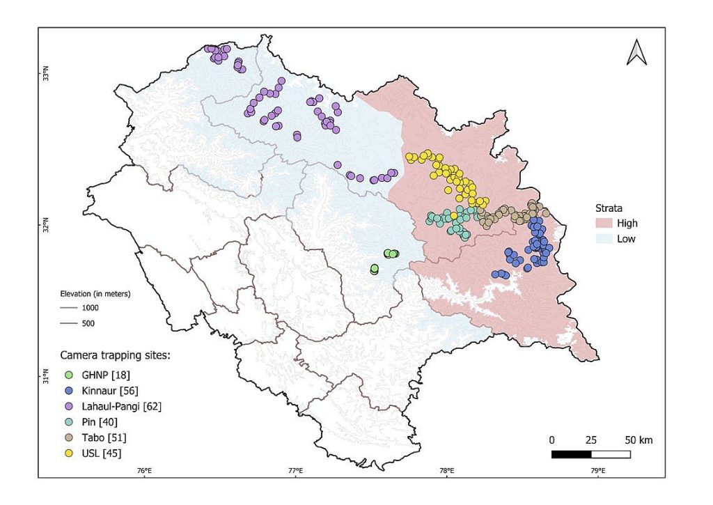 Map depicting camera trap sites across snow leopard habitat of Himachal Pradesh