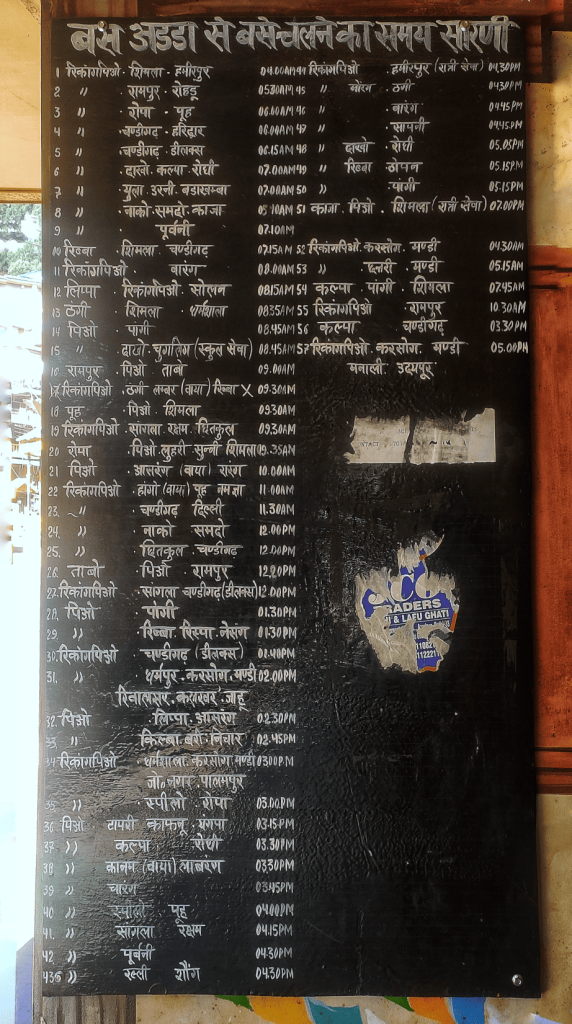HRTC Bus Timetable from Reckong Peo Market Chowk of Kinnaur