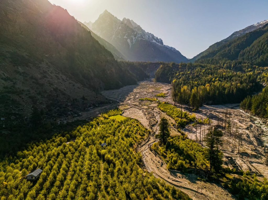 Apple orchards on flood plains of Baspa river near Batseri village of Kinnaur