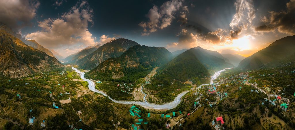 Drone view of Sangla valley during dusk time.