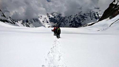 Walking the glacier after crossing Lamkhaga pass