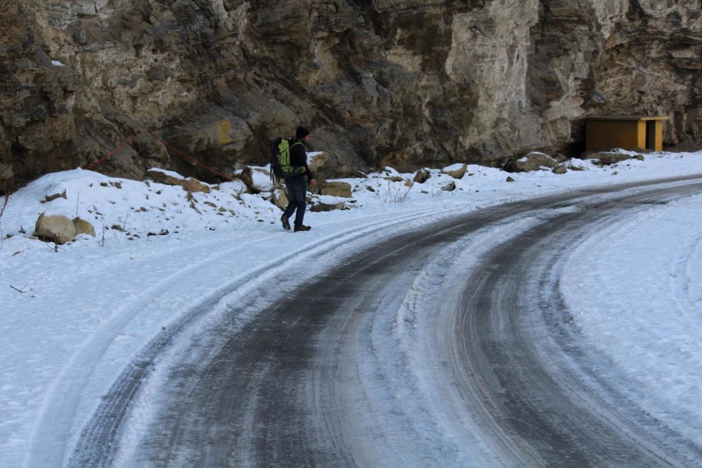 Slippery road near Moorang village of Kinnaur on NH 05